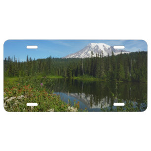 Mount Rainier Lake Reflection with Wildflowers License Plate