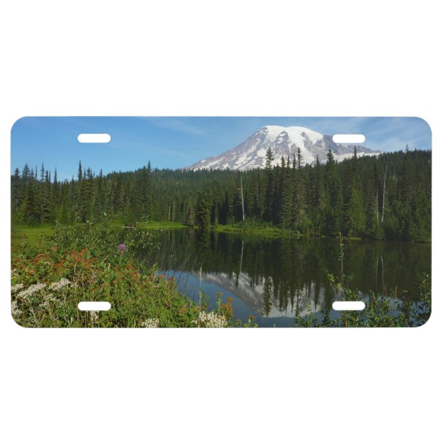 Mount Rainier Lake Reflection with Wildflowers License Plate (Front)