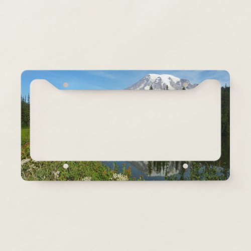 Mount Rainier Lake Reflection with Wildflowers License Plate Frame