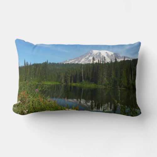 Mount Rainier Lake Reflection with Wildflowers Lumbar Pillow