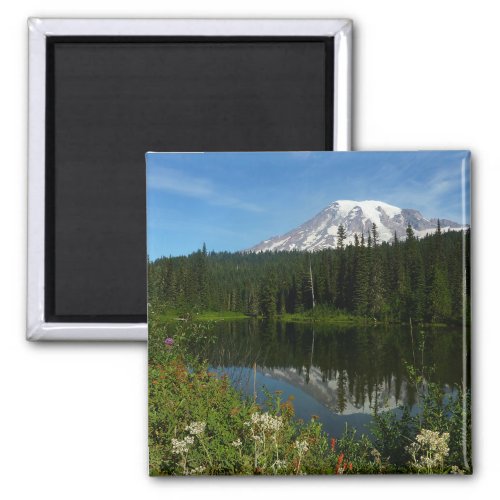 Mount Rainier Lake Reflection with Wildflowers Magnet