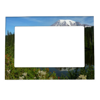 Mount Rainier Lake Reflection with Wildflowers Magnetic Frame