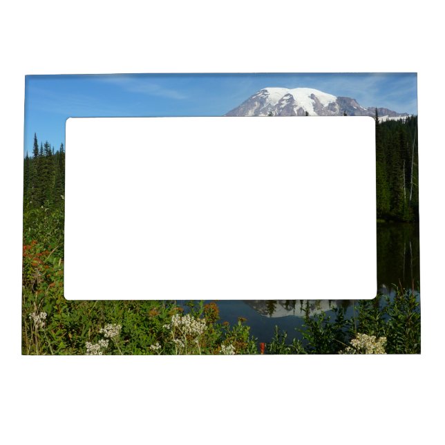 Mount Rainier Lake Reflection with Wildflowers Magnetic Frame (Front)
