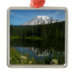 Mount Rainier Lake Reflection with Wildflowers Metal Ornament