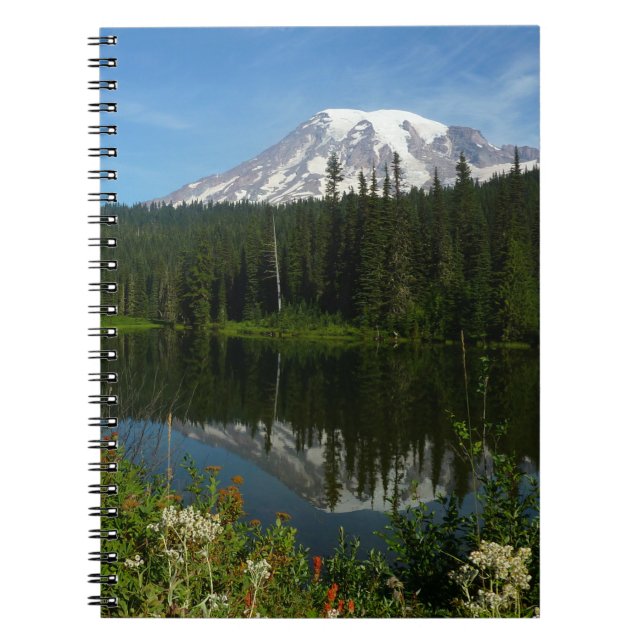 Mount Rainier Lake Reflection with Wildflowers Notebook (Front)