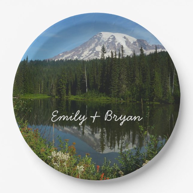 Mount Rainier Lake Reflection with Wildflowers Paper Plates (Front)