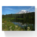 Mount Rainier Lake Reflection with Wildflowers Paperweight