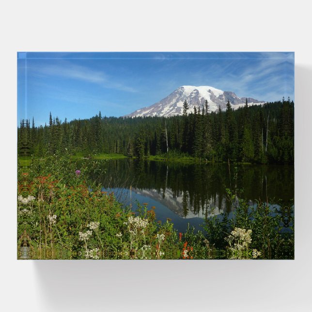 Mount Rainier Lake Reflection with Wildflowers Paperweight (Front)