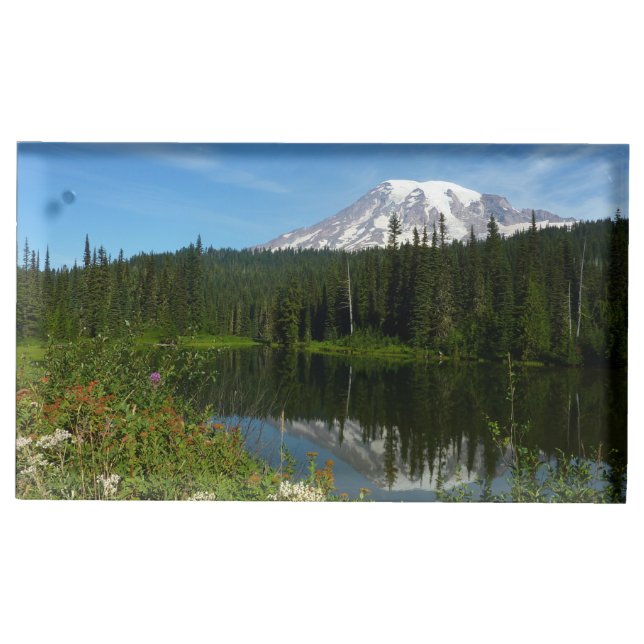 Mount Rainier Lake Reflection with Wildflowers Place Card Holder (Front)