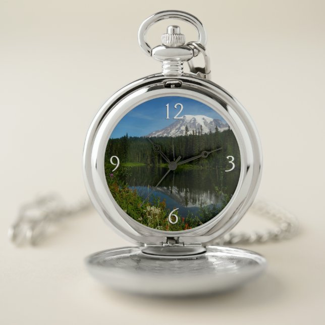 Mount Rainier Lake Reflection with Wildflowers Pocket Watch (Inside)