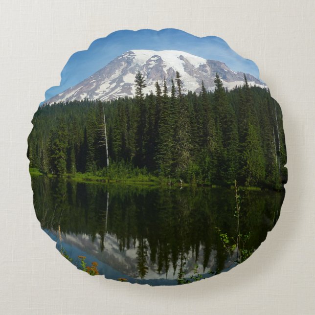 Mount Rainier Lake Reflection with Wildflowers Round Pillow (Front)