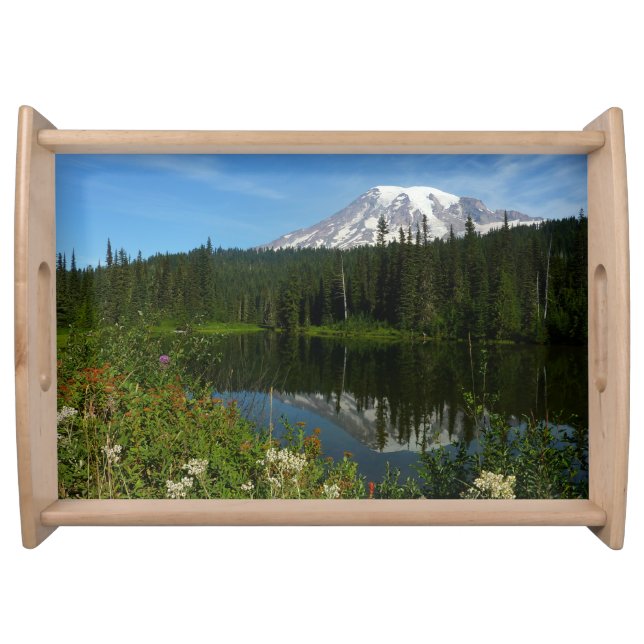Mount Rainier Lake Reflection with Wildflowers Serving Tray (Front)