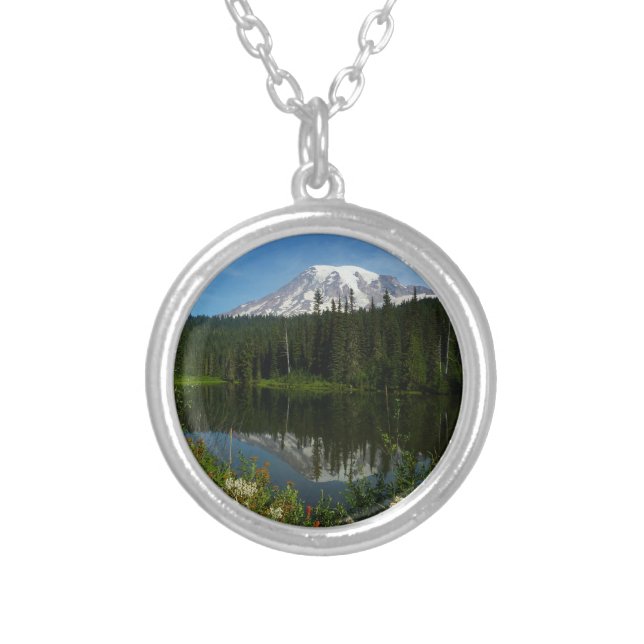 Mount Rainier Lake Reflection with Wildflowers Silver Plated Necklace (Front)