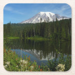 Mount Rainier Lake Reflection with Wildflowers Square Paper Coaster