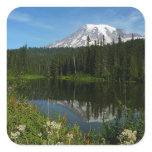 Mount Rainier Lake Reflection with Wildflowers Square Sticker
