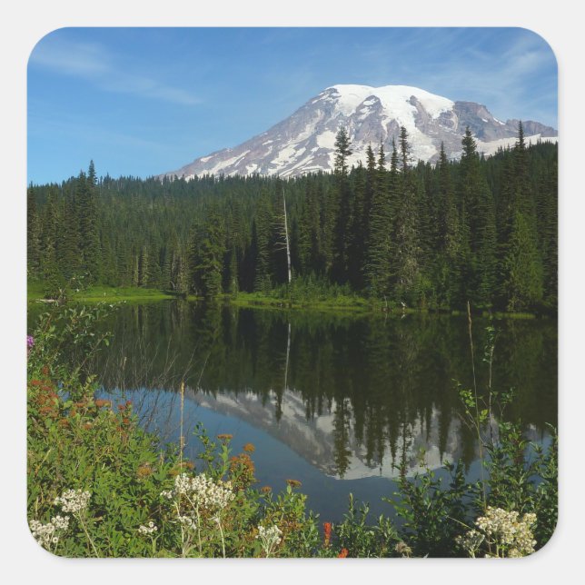 Mount Rainier Lake Reflection with Wildflowers Square Sticker (Front)