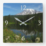 Mount Rainier Lake Reflection with Wildflowers Square Wall Clock