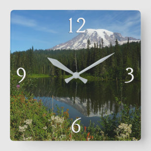 Mount Rainier Lake Reflection with Wildflowers Square Wall Clock