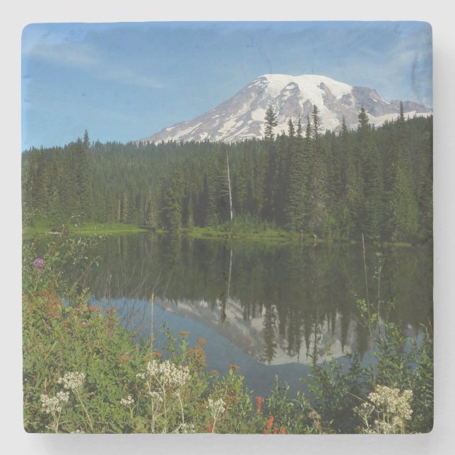 Mount Rainier Lake Reflection with Wildflowers Stone Coaster (Front)