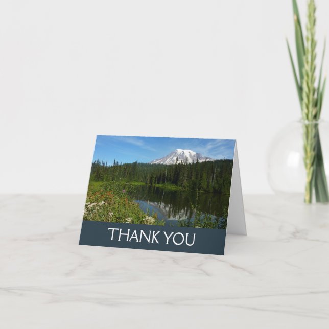 Mount Rainier Lake Reflection with Wildflowers Thank You Card (Front)