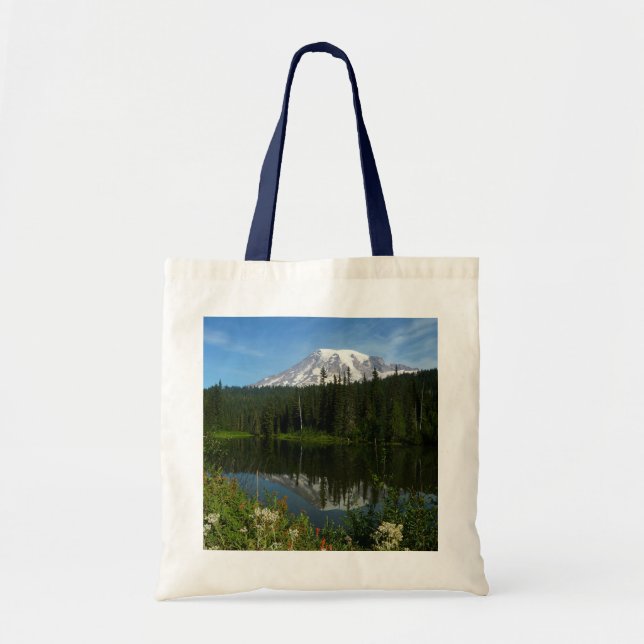 Mount Rainier Lake Reflection with Wildflowers Tote Bag (Front)