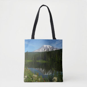 Mount Rainier Lake Reflection with Wildflowers Tote Bag