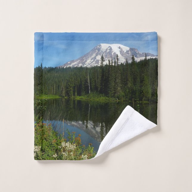Mount Rainier Lake Reflection with Wildflowers Wash Cloth (Wash Cloth)