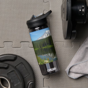 Mount Rainier Lake Reflection with Wildflowers Water Bottle