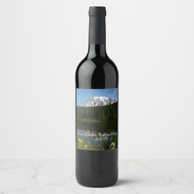 Mount Rainier Lake Reflection with Wildflowers Wine Label (Front)