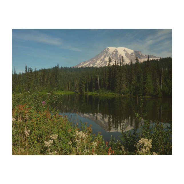 Mount Rainier Lake Reflection with Wildflowers Wood Wall Art (Front)