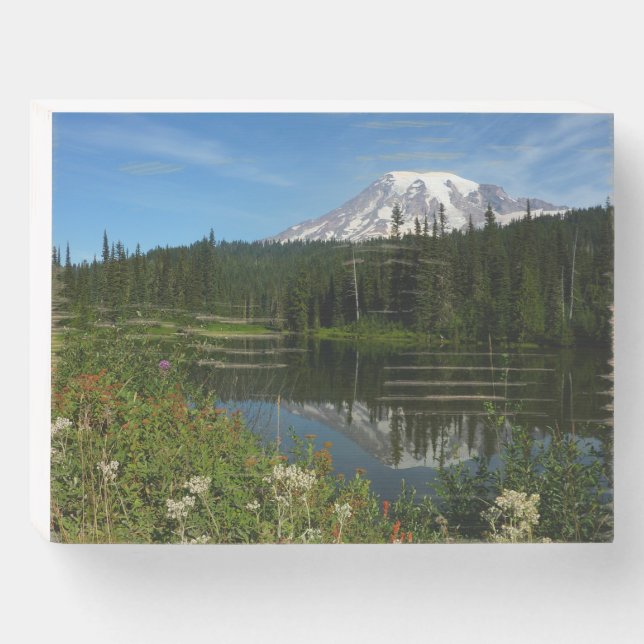 Mount Rainier Lake Reflection with Wildflowers Wooden Box Sign (Front Horizontal)