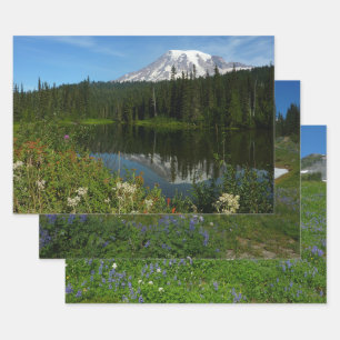 Mount Rainier Lake Reflection with Wildflowers Wrapping Paper Sheets