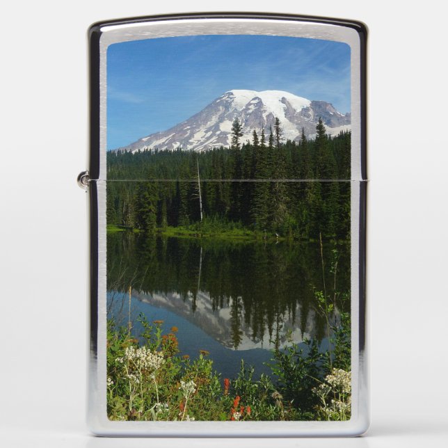 Mount Rainier Lake Reflection with Wildflowers Zippo Lighter (Front)