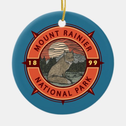 Mount Rainier National Park Red Fox Retro Compass Ceramic Ornament