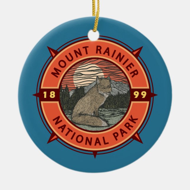 Mount Rainier National Park Red Fox Retro Compass Ceramic Ornament (Front)