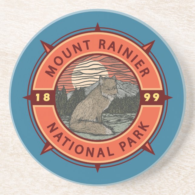 Mount Rainier National Park Red Fox Retro Compass Coaster (Front)