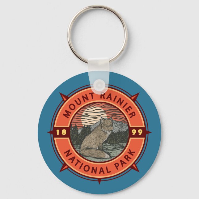 Mount Rainier National Park Red Fox Retro Compass Keychain (Front)