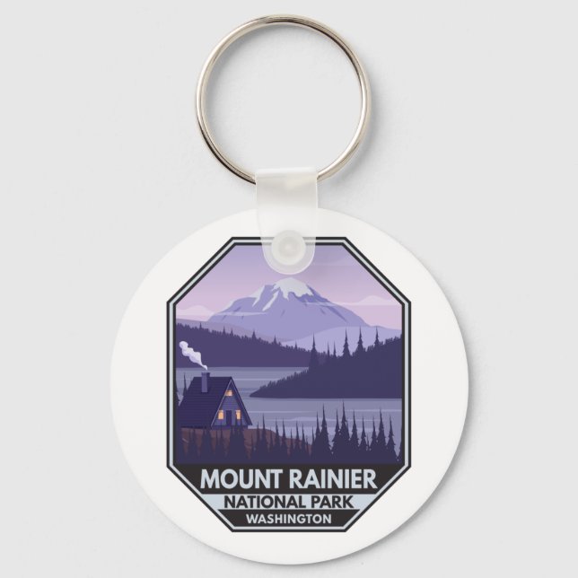 Mount Rainier National Park Washington Cabin Retro Keychain (Front)