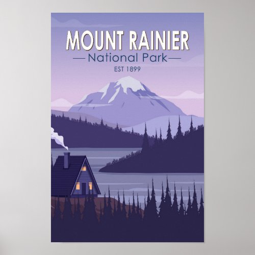 Mount Rainier National Park Washington Cabin Retro Poster
