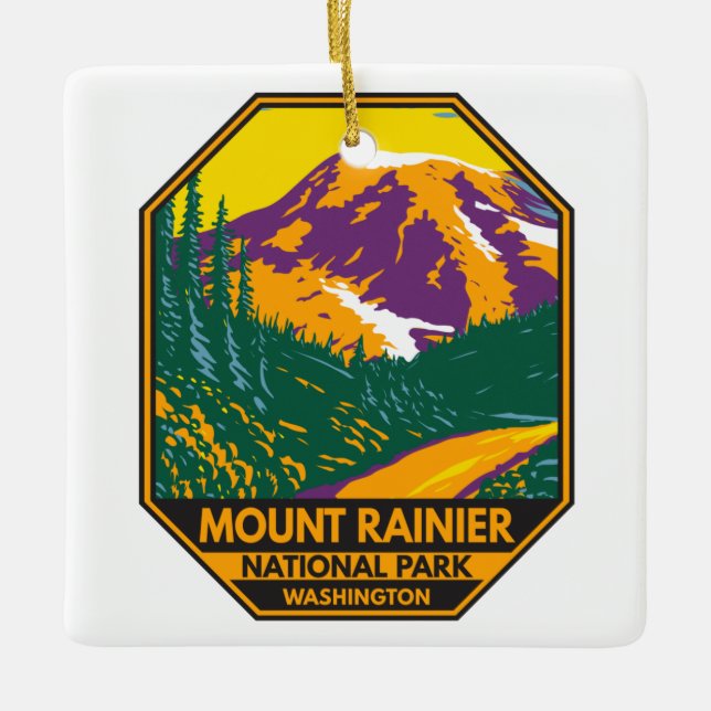 Mount Rainier National Park Washington Retro  Ceramic Ornament (Front)