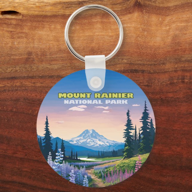 Mount Rainier National Park Washington Retro Keychain (Front)