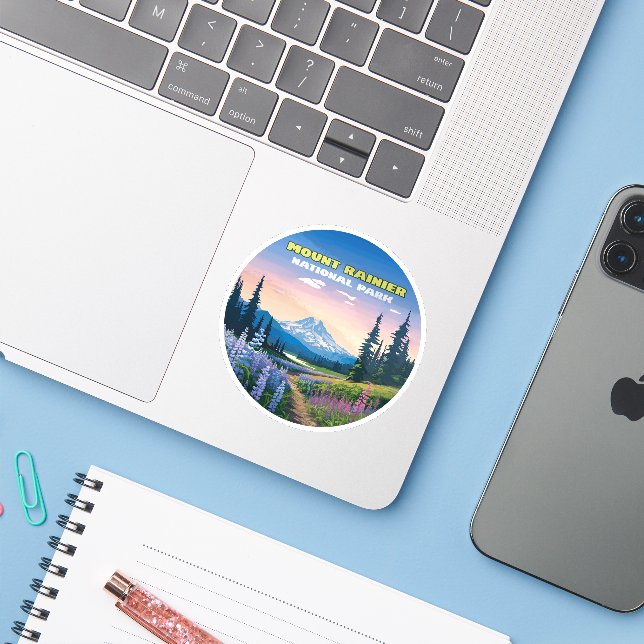 Mount Rainier National Park Washington Retro Sticker (Laptop w/ iPhone)