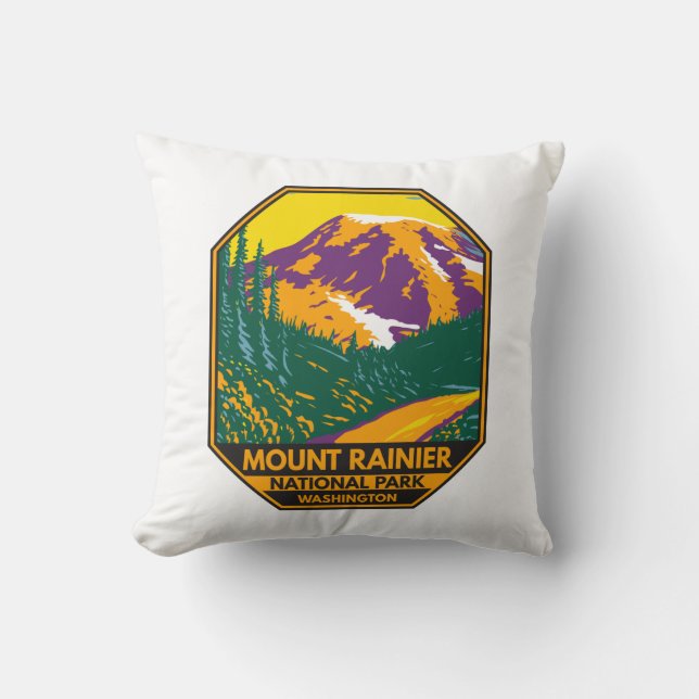 Mount Rainier National Park Washington Retro  Throw Pillow (Front)