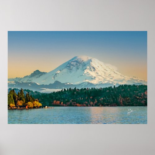 Mount Rainier Over Lake Washington Sunset Fine Art Poster