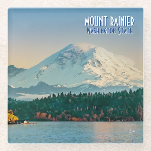 Mount Rainier Over Lake Washington Vintage Travel Glass Coaster