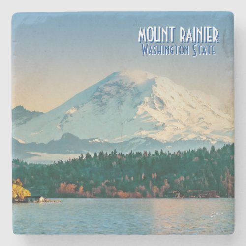 Mount Rainier Over Lake Washington Vintage Travel Stone Coaster