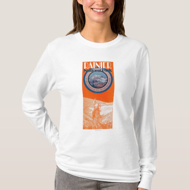 Mount Rainier Poster - Horseback Riding T-Shirt (Front)