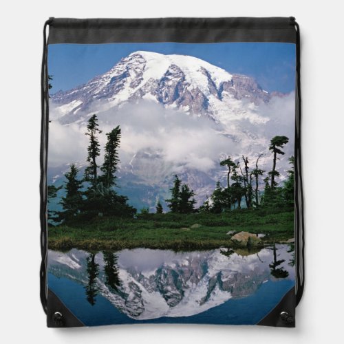 Mount Rainier relected in a mountain tarn Drawstring Bag