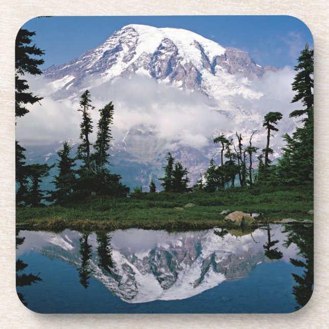 Mount Rainier relected in a mountain tarn Drink Coaster (Front)