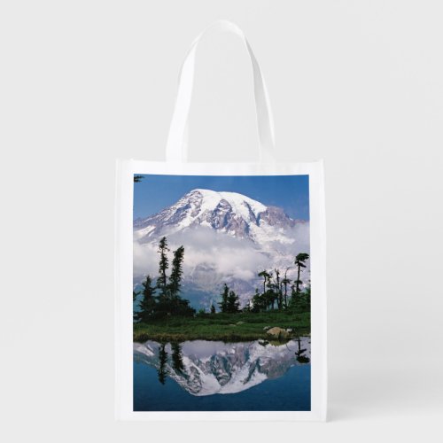 Mount Rainier relected in a mountain tarn Grocery Bag